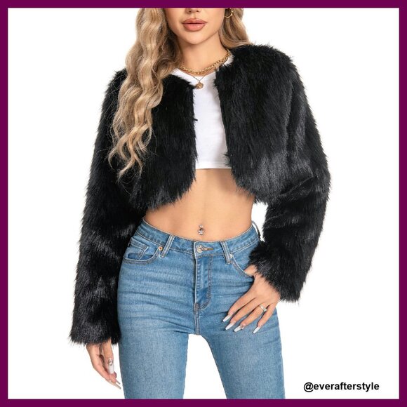 Cropped Faux Fur Jacket Fluffy Fuzzy Y2K Chic Winter Outerwear Cozy